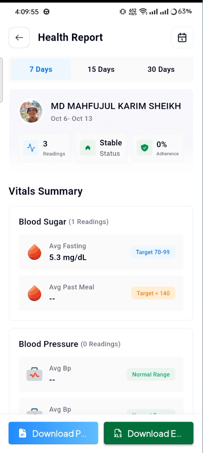 HealthTrack Health Reports — averages, adherence and PDF Excel export