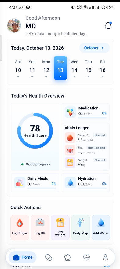 HealthTrack Home — greeting, 7-day streak, Health Score, vitals rings, meds and meals