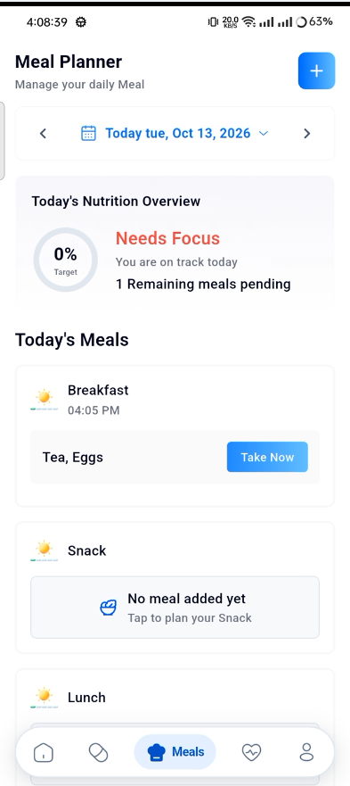 HealthTrack Meal Planner — Breakfast, Snack, Lunch, Dinner with Take Now