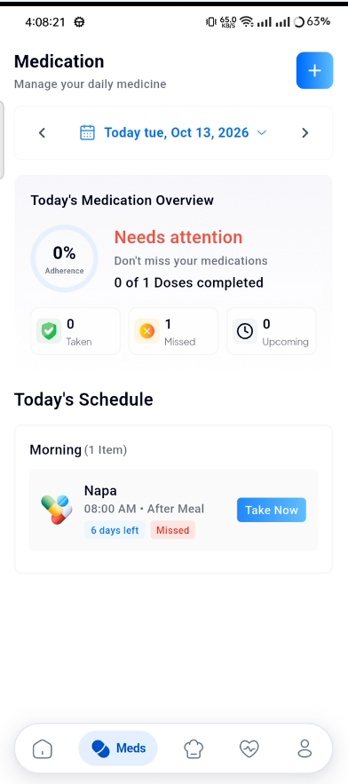HealthTrack Medications — Napa 08:00 After Meal, adherence and stock
