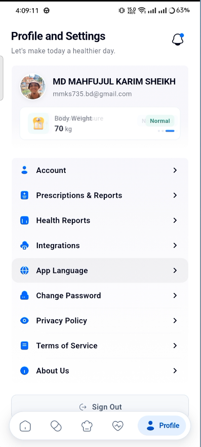 HealthTrack Profile — account, weight, language, integrations and security