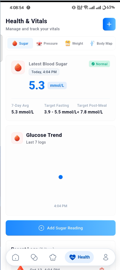 HealthTrack Vitals — glucose 5.3 mmol/L, fasting targets and 7-day trend